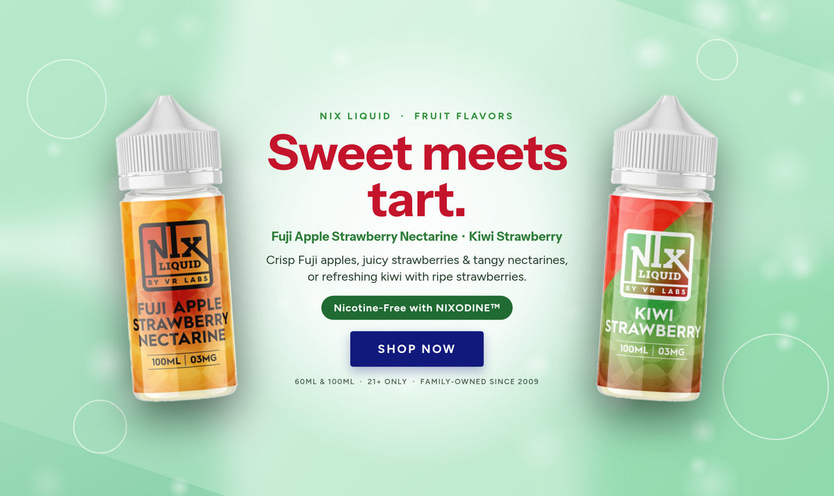 Fuji Apple Strawberry Nectarine and Kiwi Strawberry nicotine-free e-liquids with NIXODINE
