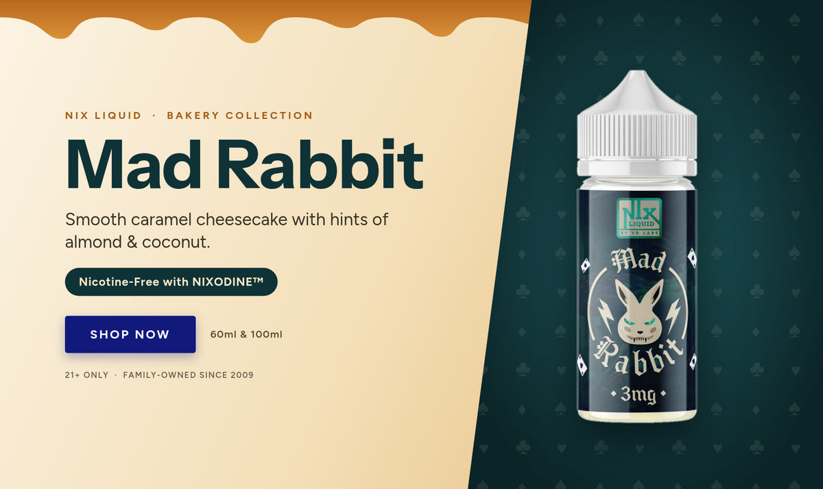 Mad Rabbit nicotine-free caramel cheesecake e-liquid with NIXODINE