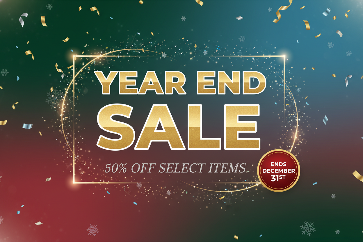 Year end sale 50% off select items Ends December 31st